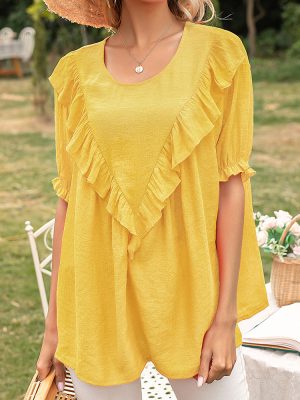 Breezy Summer Style: Loose Mid-Length Ruffled Round Neck Short Sleeve Shirt Top for Women