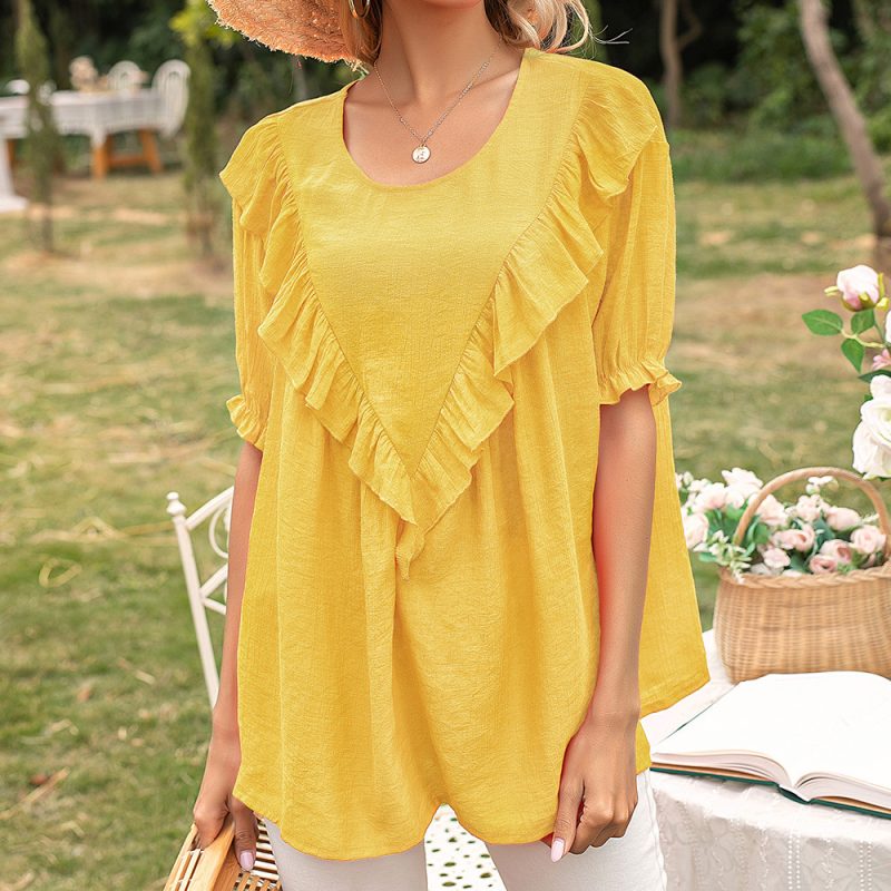 Breezy Summer Style: Loose Mid-Length Ruffled Round Neck Short Sleeve Shirt Top for Women