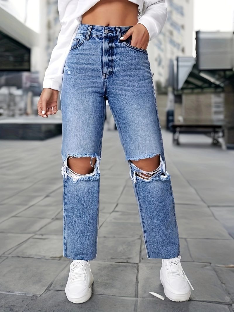 StraightLeg Hole Jeans: Women's Wide-Leg Pants - Image 4