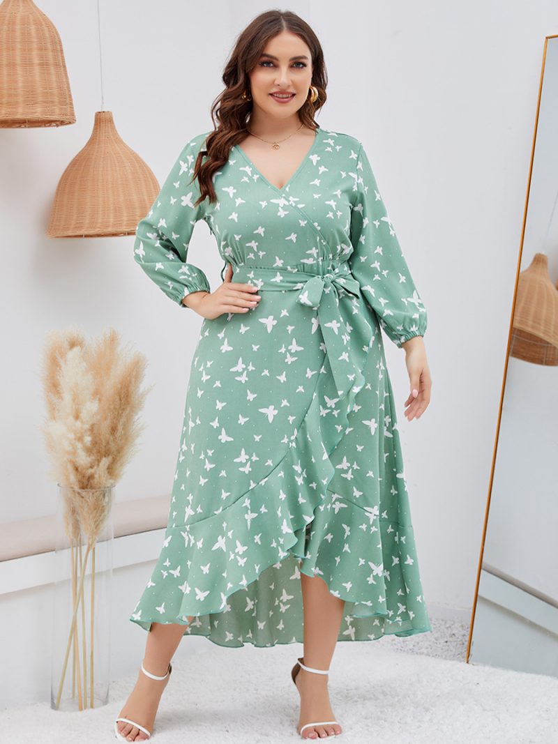 Butterfly Beauty: Plus Size Casual Dress with Butterfly Print, Ruffled Hem, and Tied V-Neck, Perfect for Autumn and Spring - Image 4