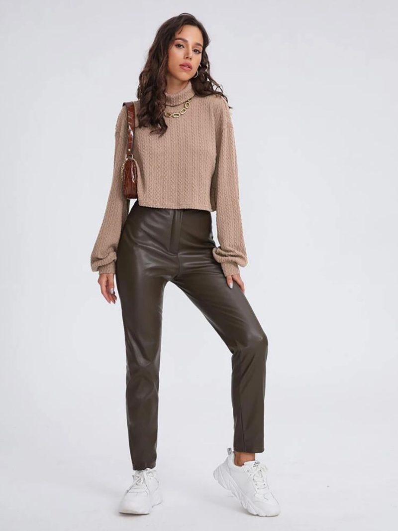 Autumn Winter Pullover High Neck Solid Color Loose Short Office Sweater for Women with Twist Knit Long Sleeves - Image 3
