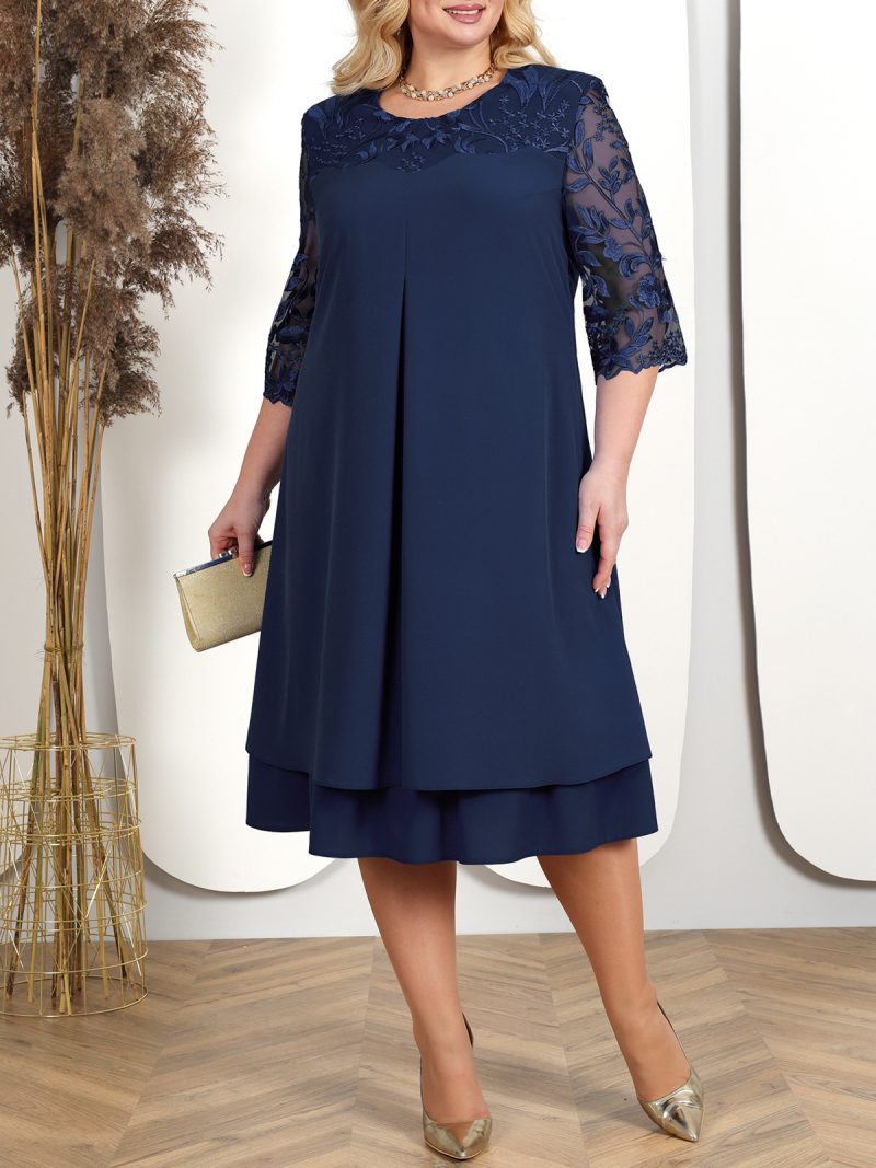 Plus Size Women's Embroidered Chiffon Stitching Round Neck Half Sleeve Elegant Casual Dress - Image 3