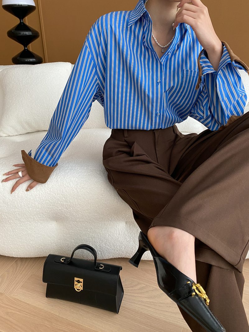 French Intellectual Suede Stitching Vertical Striped Loose Shirt: Stacked for Spring/Autumn - Image 3