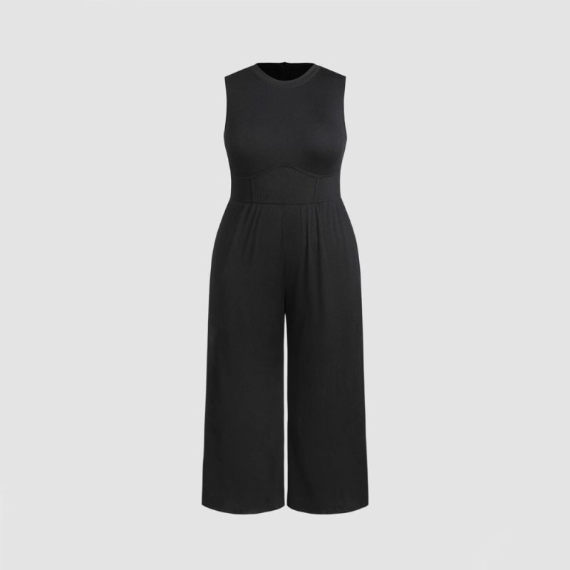 Plus Size Sleeveless Waist-Trimming Jumpsuit: Casual Solid Color, Slimming, All Matching - Image 3