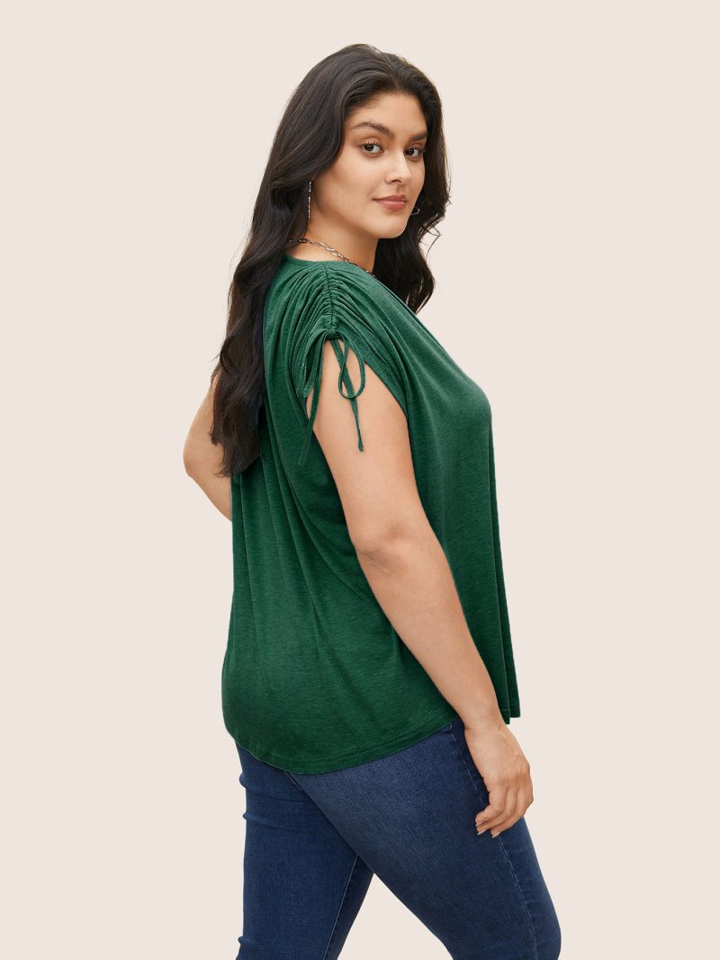 Plus Size Drawstring V-Neck Solid Color Casual Loose T-Shirt Top with Short Sleeves - Image 6
