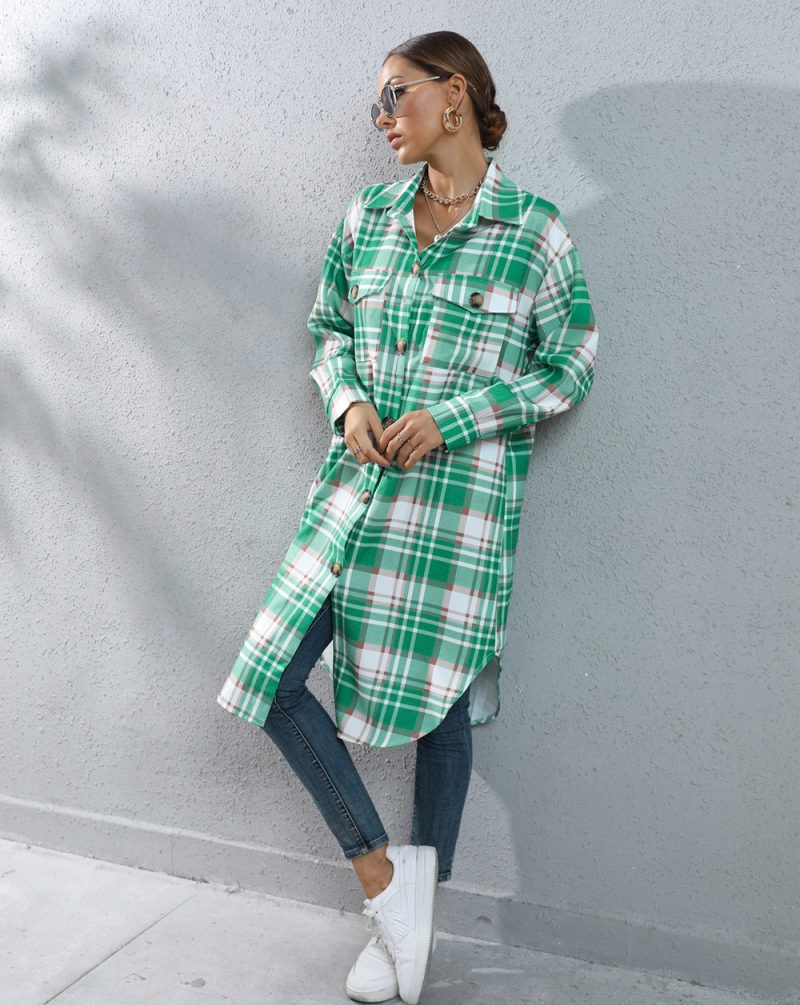 Women's Autumn Winter Plaid Single-Breasted Long Trench Coat - Image 6