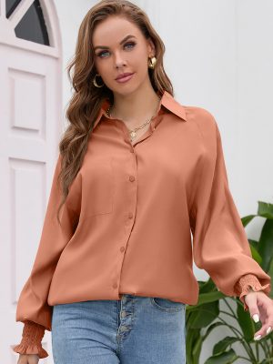 Women’s Collared Lantern Sleeve Tencel Top: Solid Color Loose Large Shirt