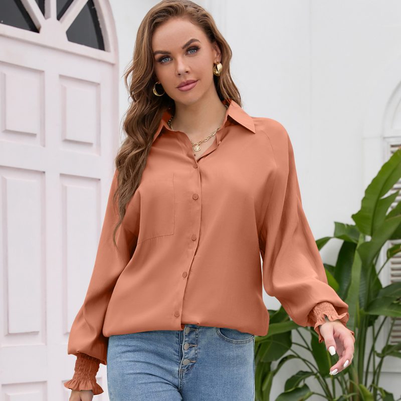 Women's Collared Lantern Sleeve Tencel Top: Solid Color Loose Large Shirt