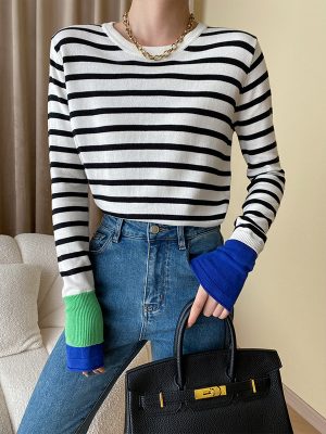 Striped Shoulder Slimming Sweater: Contrast Tone