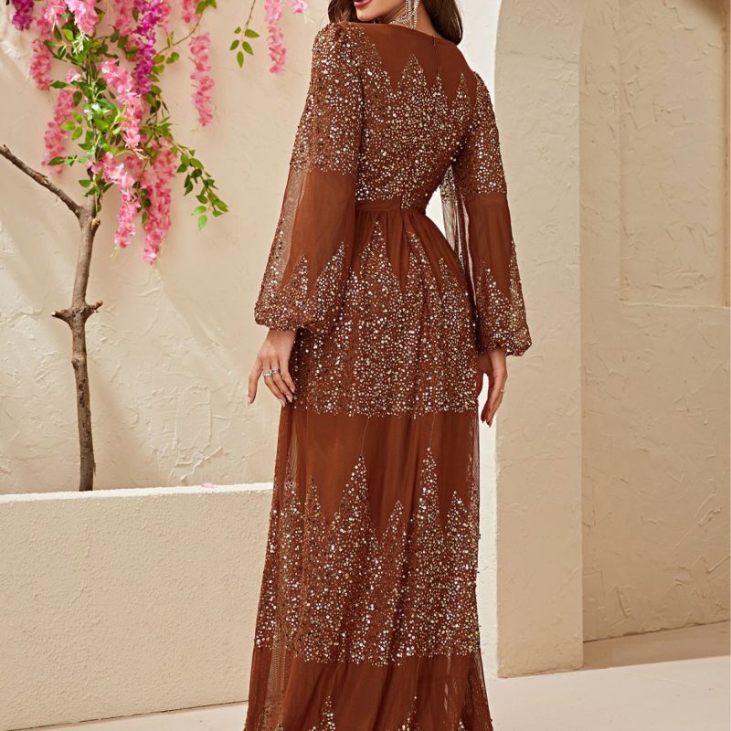 Sequined Chiffon Maxi Dress: Long Sleeve, Deep V Plunge Neck, Split Waist - Image 5