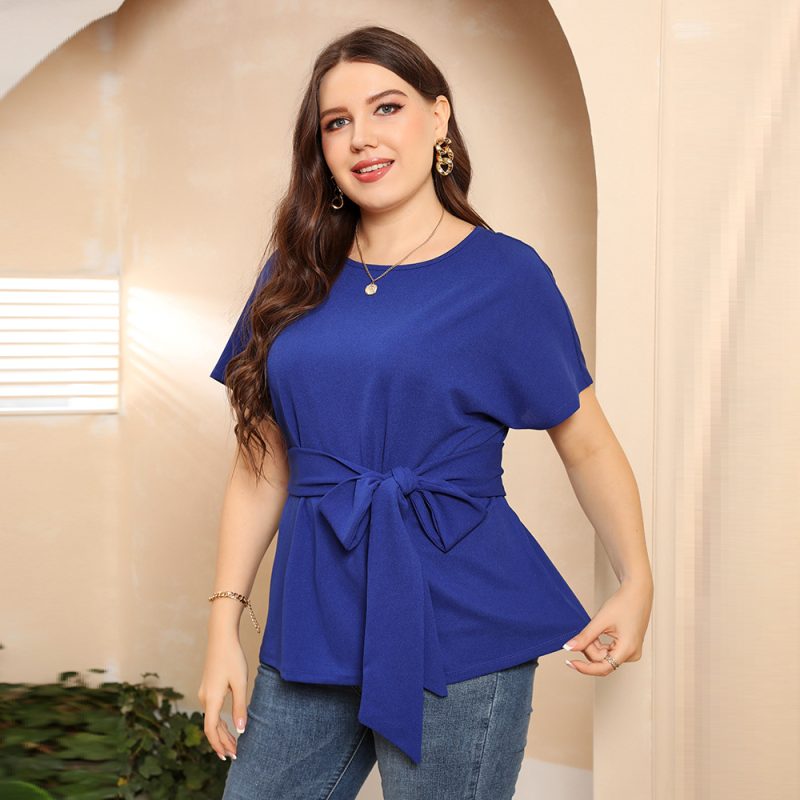 Plus Size Women's Slimming Bow Short Sleeve T-Shirt Top - Image 3