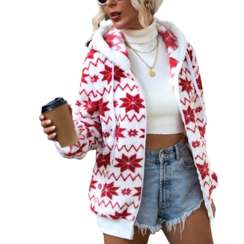 Autumn Winter Loose Hooded Zip Cardigan: Women's Olympic Fleece Printed Christmas Coat - Image 5