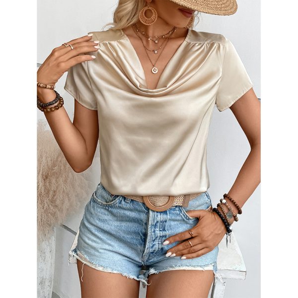 Solid Color Satin Short-Sleeved Women's Thin T-shirt: Loose Round Neck Bottoming Top - Image 4