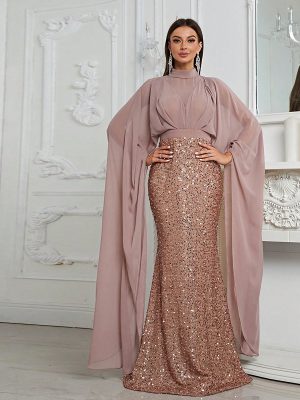 Sequined Prom Evening Fishtail Dress: Turtleneck Mesh