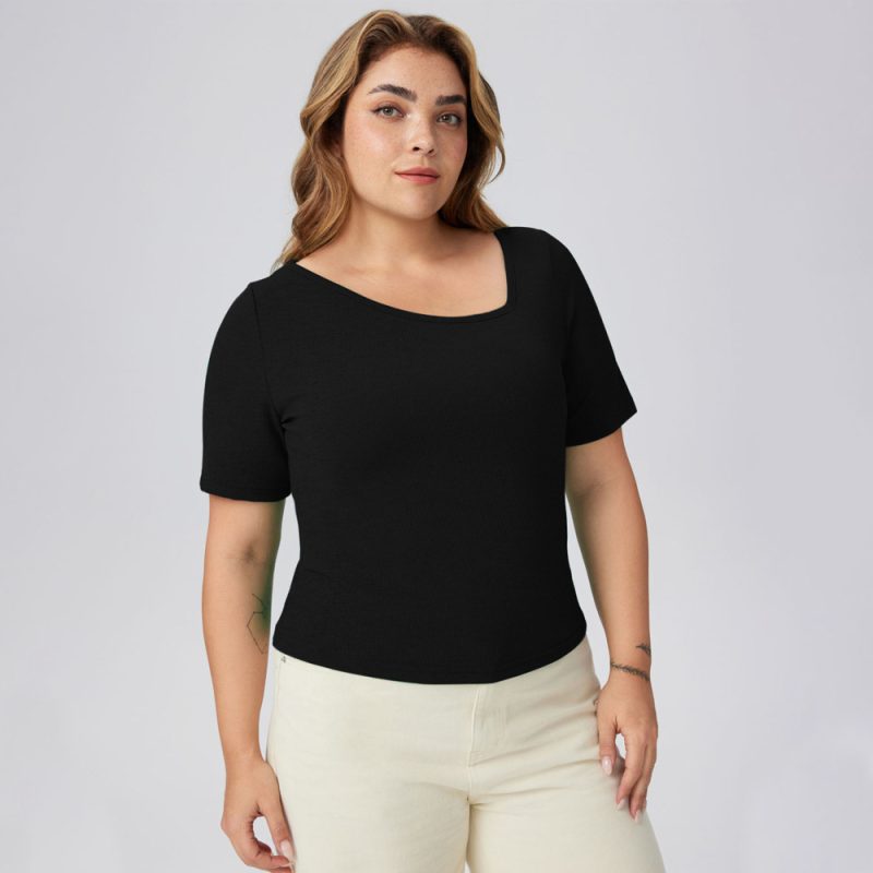 Plus Size Short-Sleeved T-Shirt: Spring Solid Color, Slim Fit, Casual Bottoming Top