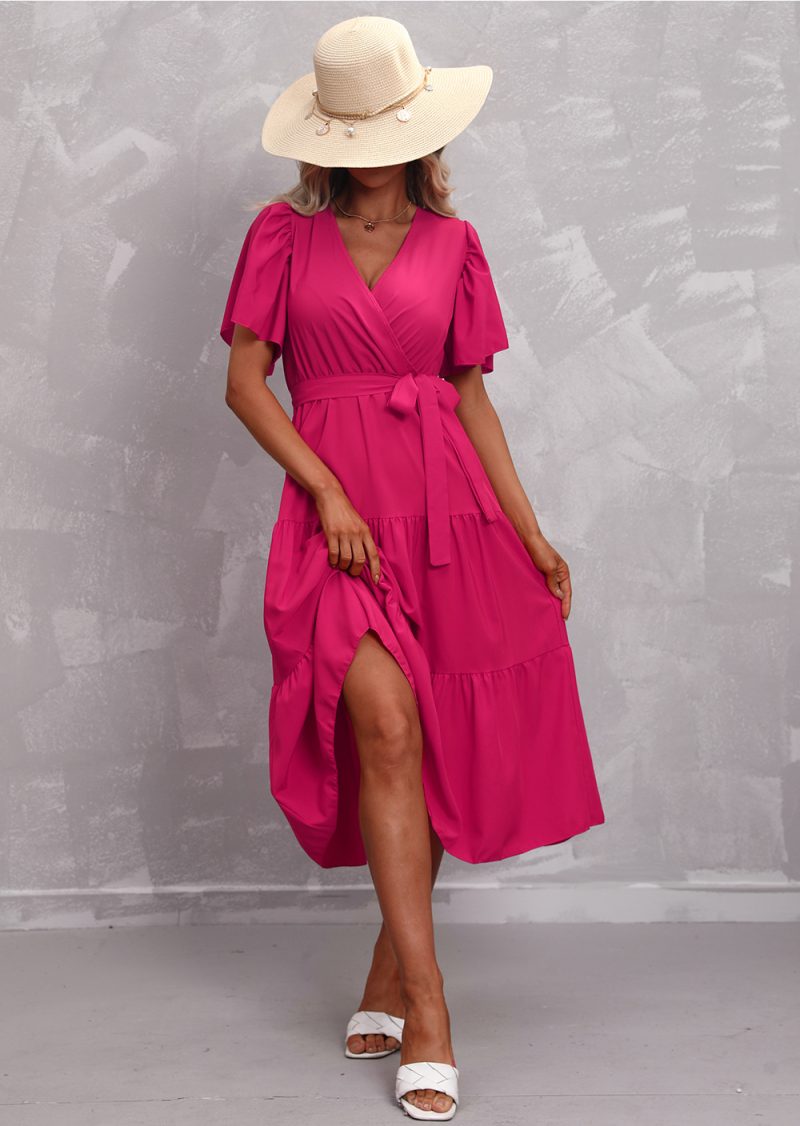Women's Summer Solid Color V-Neck Short Sleeve Dress - Image 4