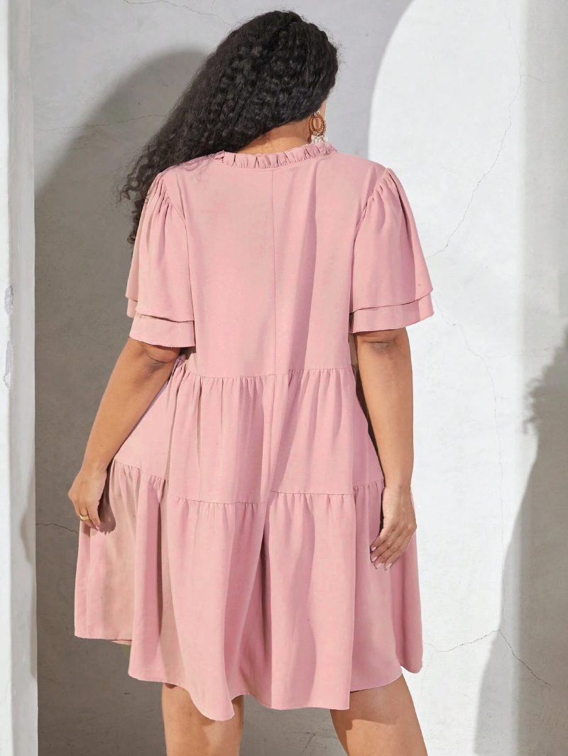 Plus Size Women's Summer Casual V-Neck Three-Layer Pleated Dress: Little Girl Clothes Style - Image 2