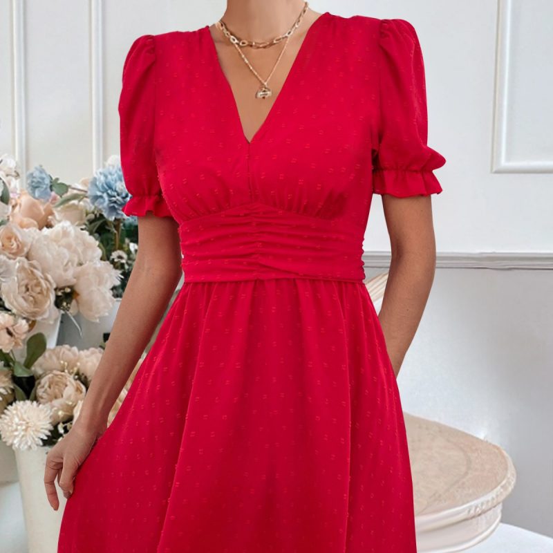 Summer Ruffled Short Sleeve Dress: Women's Zipper V-Neck - Image 5