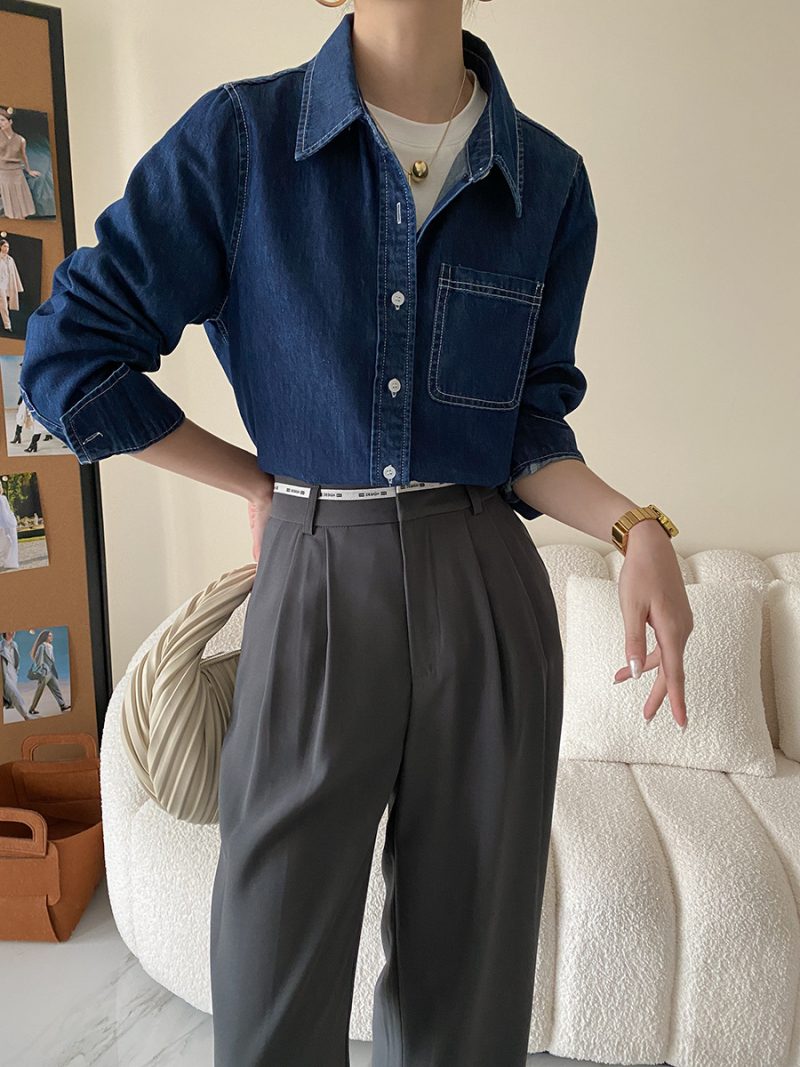 Denim Shirt with Contrast Color Bright Line Bandage Dress: Loose Fit for Early Spring - Image 3