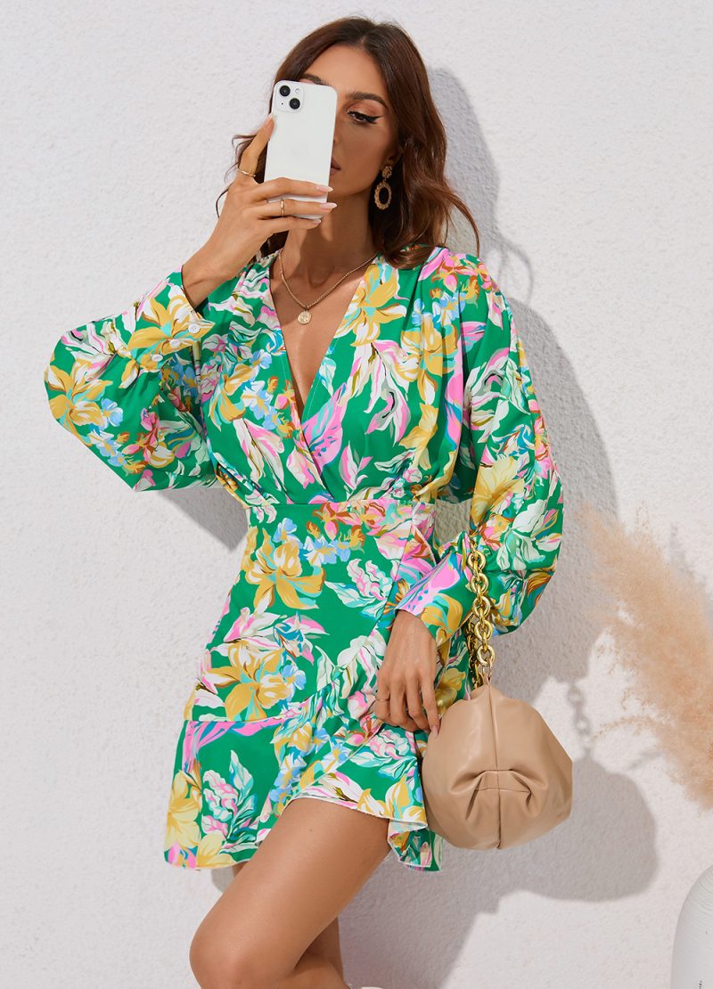 Women's Printing V-neck Irregular Asymmetric Long Sleeve Dress