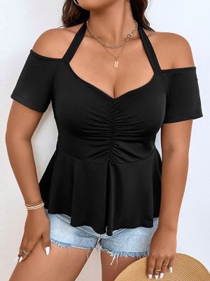 Plus Size Waist Sexy Strapless Halterneck T-Shirt: Solid Color Short Sleeve Elegant Top for Women