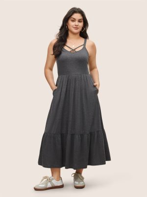 Plus Size Loose Casual Vacation Maxi Dress with Nipped Waist and Pocket Sling