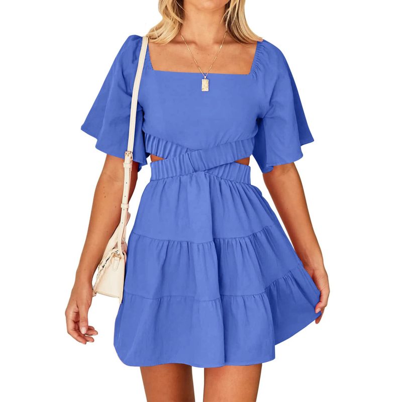 Chic Simplicity: Solid Color Square Collar Dress with Hollow Out Cutout Back - Ideal for Spring and Summer - Image 5