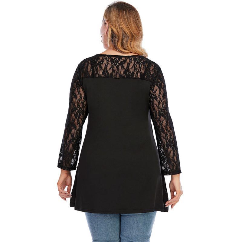 Plus Size Spring Ladies Oversized Knit Lace Stitching Long Sleeve V-Neck Backless Casual T-Shirt - Image 3