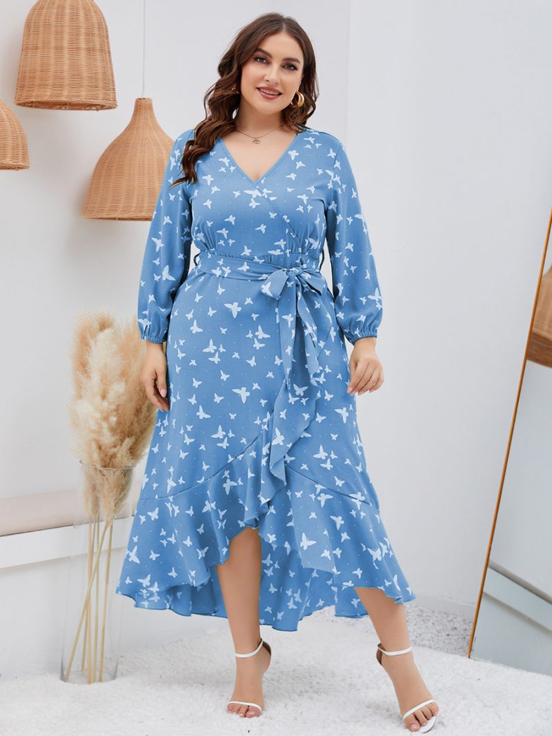 Butterfly Beauty: Plus Size Casual Dress with Butterfly Print, Ruffled Hem, and Tied V-Neck, Perfect for Autumn and Spring - Image 2