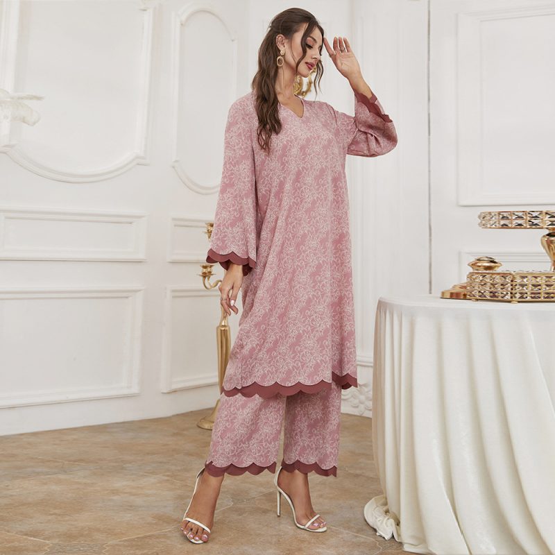 Autumn Winter Middle East Saudi Casual Women V-neck Printed Long Sleeve Trousers Suit - Image 3