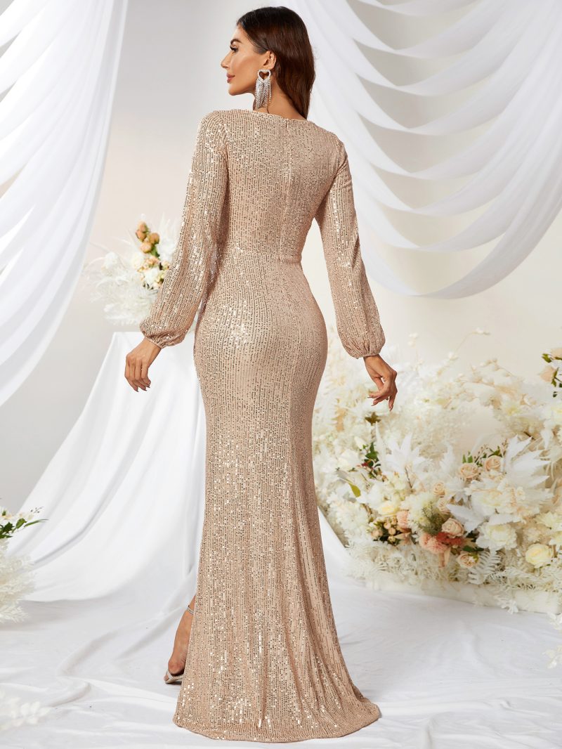 Long Sleeve Sequined Formal Dress: High Slit Fishtail Gown - Image 2