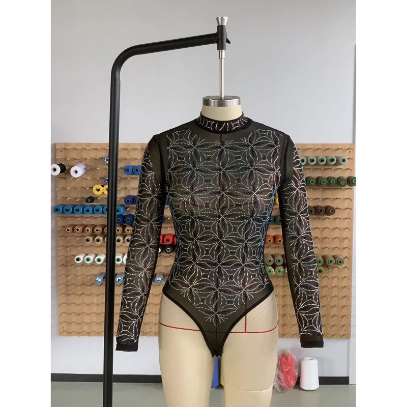Trendy Turtleneck Drilling Mesh Jumpsuit: Stay Fashionable and Fabulous Always! - Image 5
