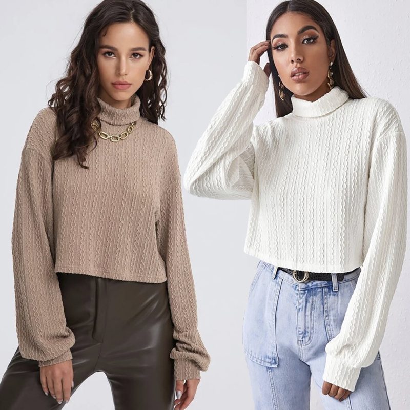 Autumn Winter Pullover High Neck Solid Color Loose Short Office Sweater for Women with Twist Knit Long Sleeves - Image 4