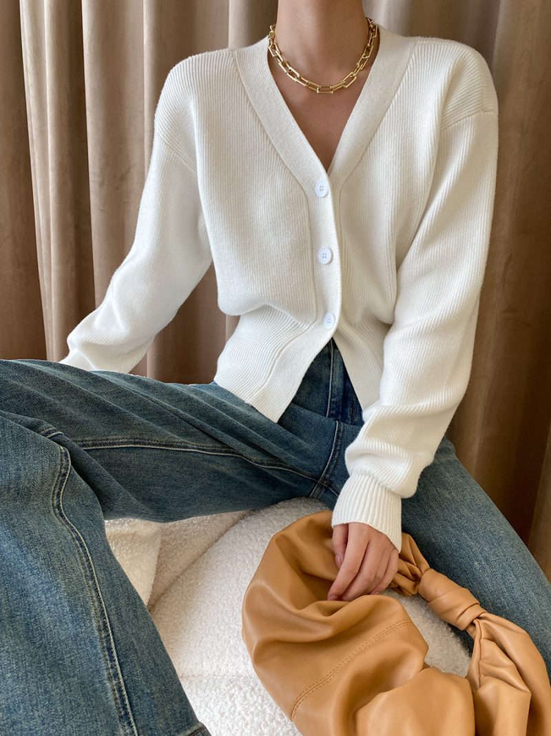 Fashionable Relaxed Feeling Early Autumn Gentle French Slit Elegant V Neck Waist Trimming Knitted Cardigan - Image 2