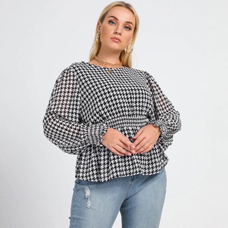 New Plus Size Black and White Plaid Printed Round Neck Office Shirt - Image 2