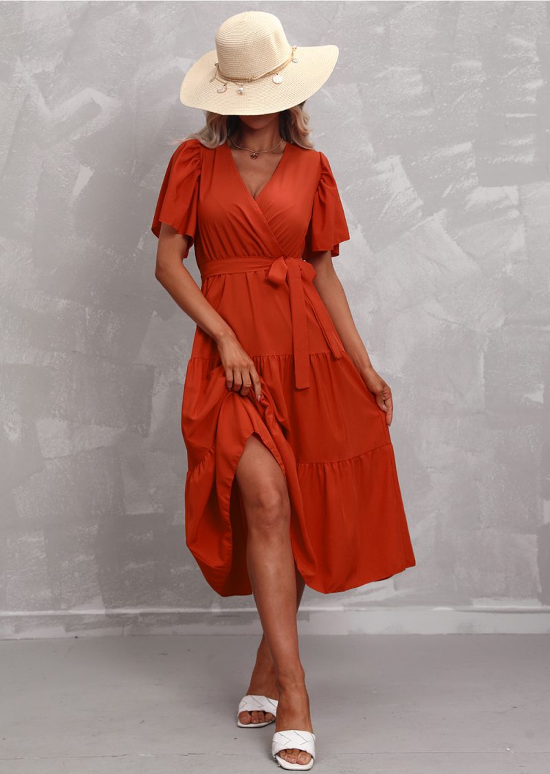 Women's Summer Solid Color V-Neck Short Sleeve Dress - Image 7