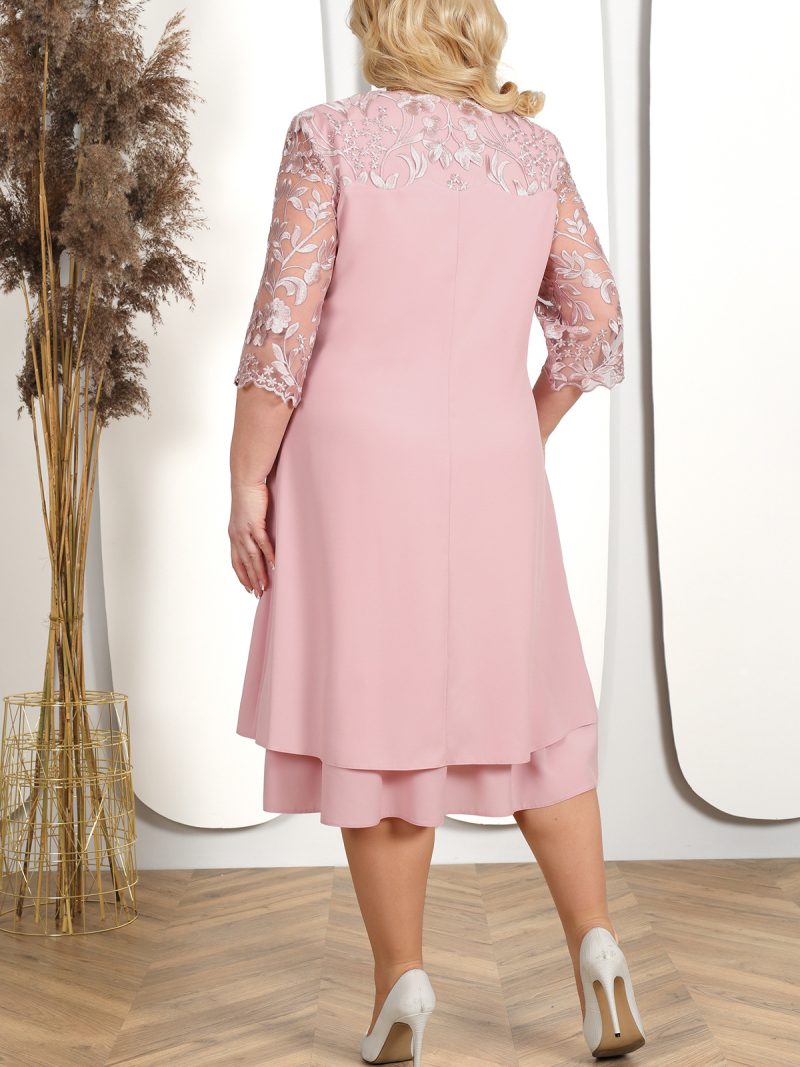 Plus Size Women's Embroidered Chiffon Stitching Round Neck Half Sleeve Elegant Casual Dress - Image 2
