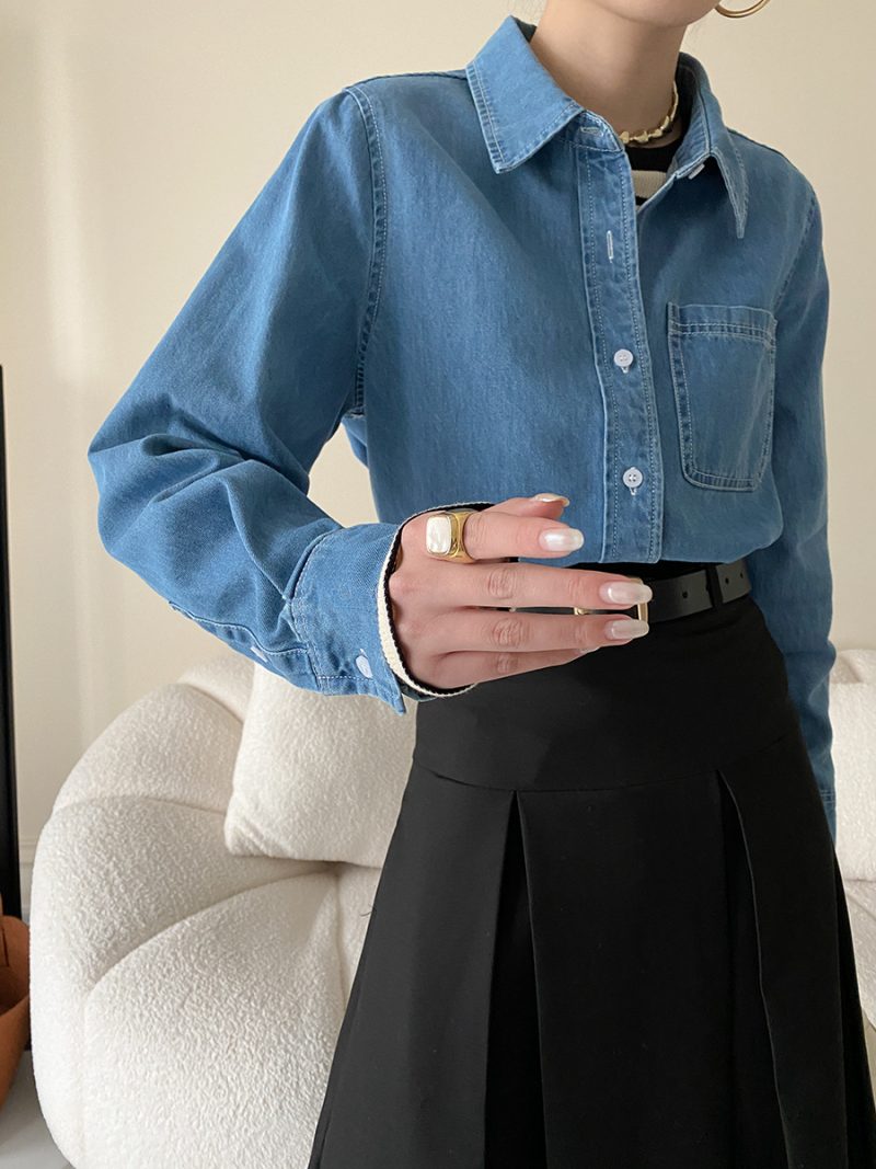 Denim Shirt with Contrast Color Bright Line Bandage Dress: Loose Fit for Early Spring - Image 4