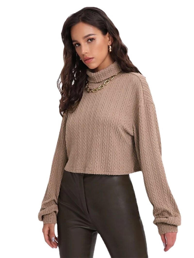 Autumn Winter Pullover High Neck Solid Color Loose Short Office Sweater for Women with Twist Knit Long Sleeves - Image 5