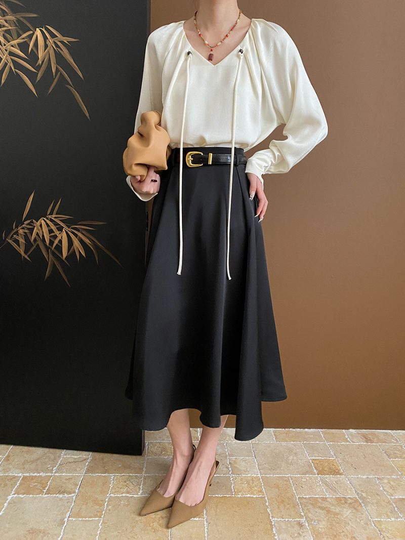 French High Waist Front Piece Stand Cut A-line Skirt: Belted for Early Spring - Image 7