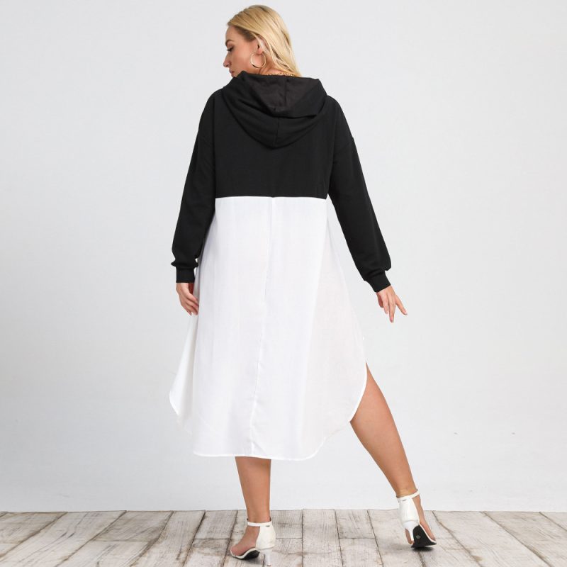 Plus Size Autumn New Women's Swing Dress: Long Sleeve Crew Neck Casual Hooded Black-White Contrasting-Color Design - Image 4