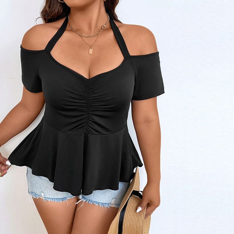 Plus Size Waist Sexy Strapless Halterneck T-Shirt: Solid Color Short Sleeve Elegant Top for Women - Image 3