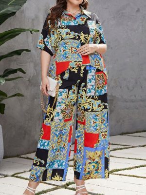 Office Artistic Middle East Printing Shirt Outfit for Plus Size Women