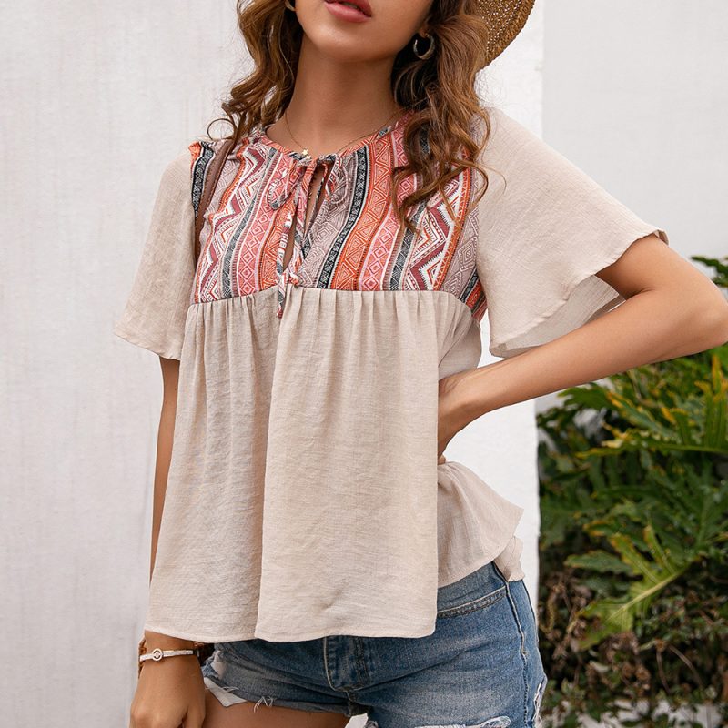 Summer Bohemian Neckline Hollow Out Lace Short Sleeve Babydoll Top for Women - Image 2