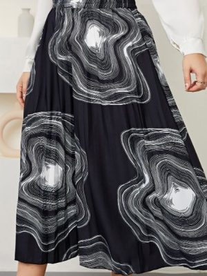 Plus Size Retro Office Sheath Printed Pleated Skirt: High Waist