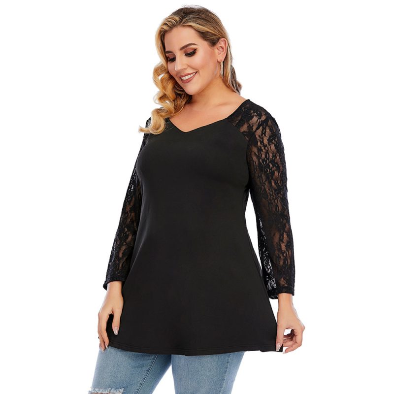 Plus Size Spring Ladies Oversized Knit Lace Stitching Long Sleeve V-Neck Backless Casual T-Shirt - Image 2