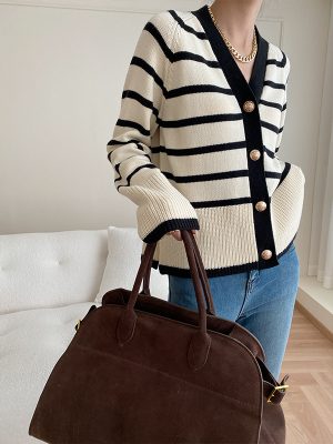 Elegant French Layered Striped Cardigan: V-Neck, Loose Fit, Perfect for Office Chic with a Touch of Contrast