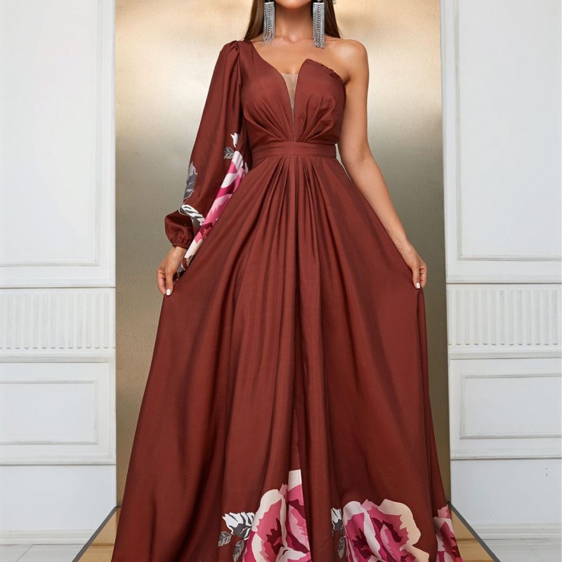 Chiffon Single Sleeve Maxi Dress: Split Print Design - Image 5