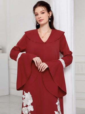 Embroidered Flared Sleeve Flip V-neck Robe