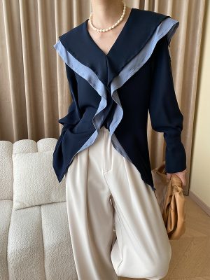 Sinan Chic: French Stand-Cut Color Matching Navy Collar Long Sleeve Shirt for Early Spring Style